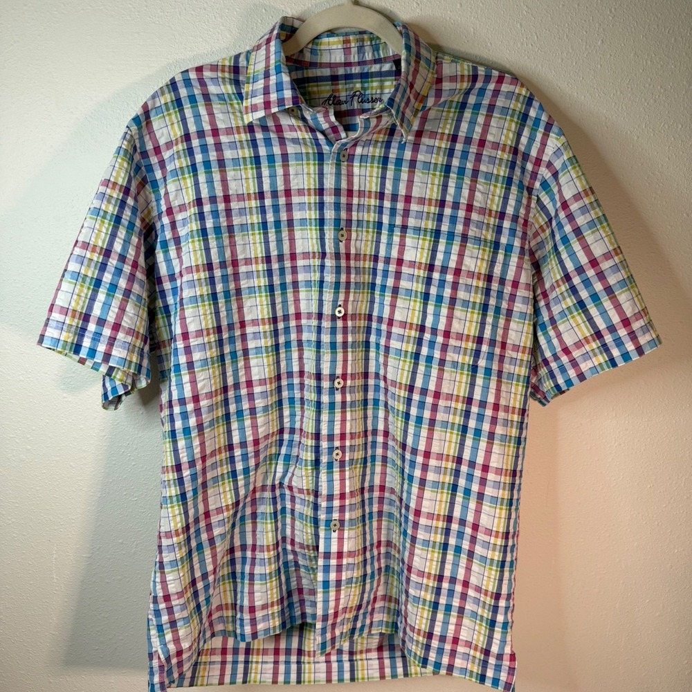 Alan Flusser Mens Cotton Plaid Short Sleeve Button Down Shirt Size Medium Casual